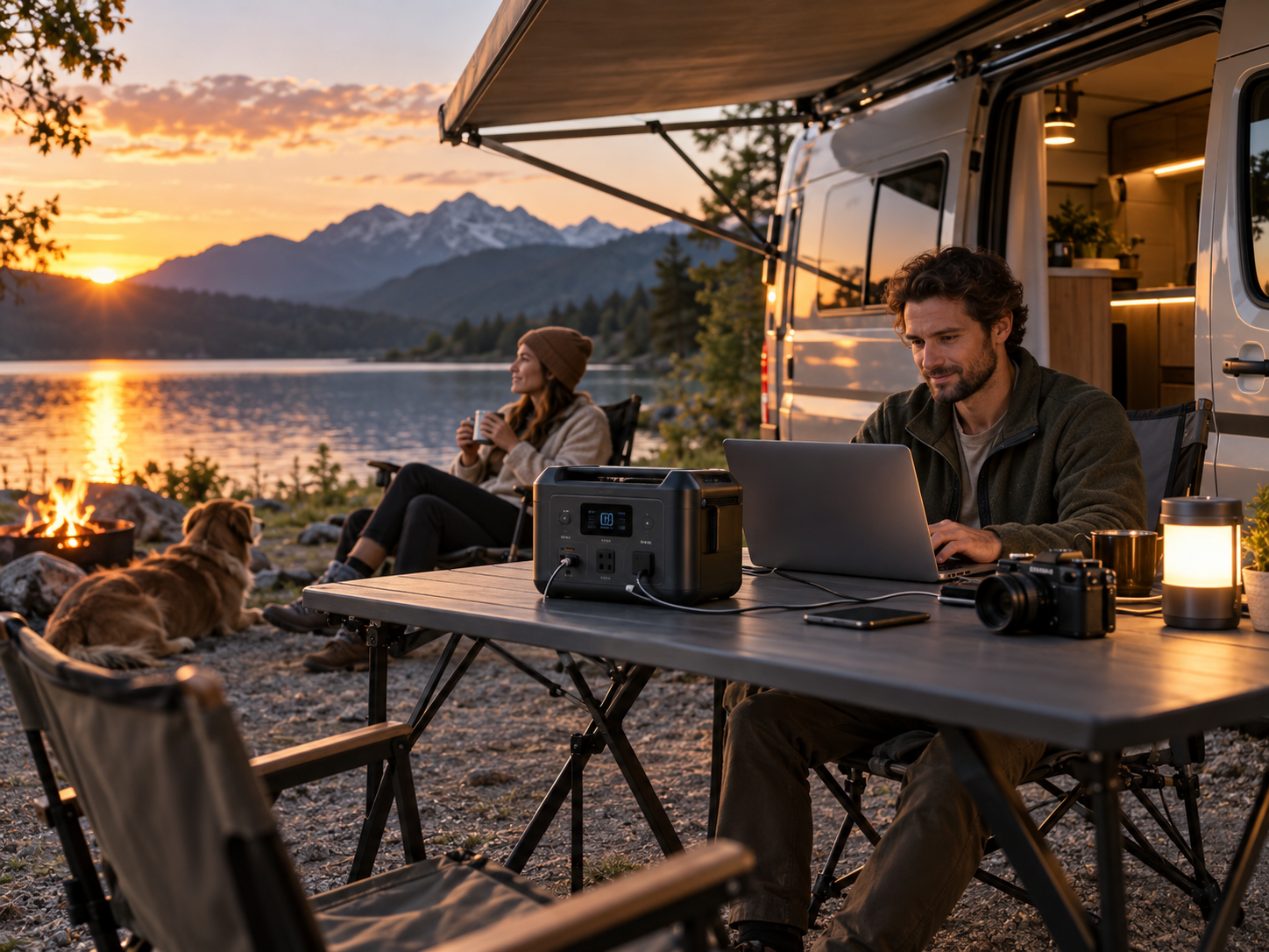 People relaxing beside an RV at sunset with a portable power station powering their outdoor setup