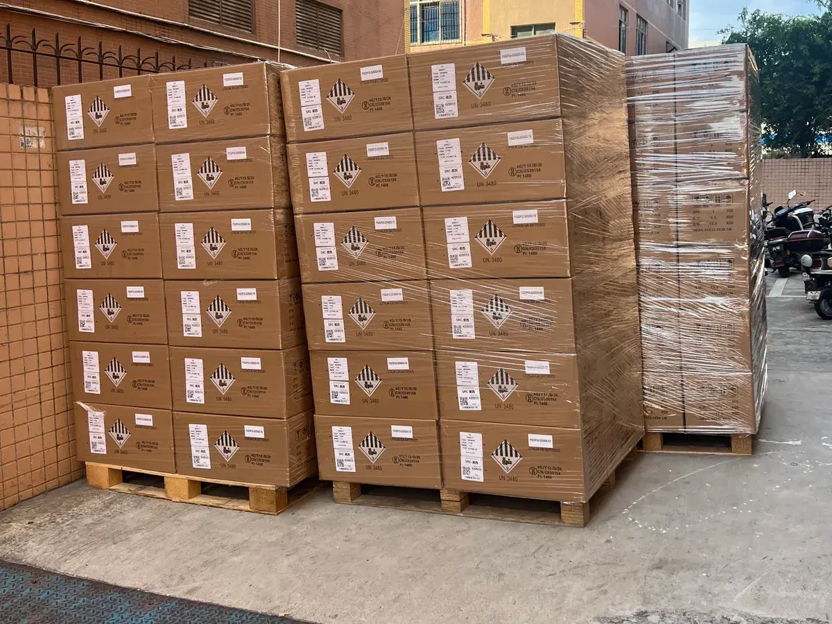 Packaged portable power stations secured on pallets for shipment preparation